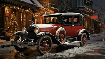 Classic Vintage Car Parked Outside The Festively Christmas Decorated Shops. Generative AI. photo