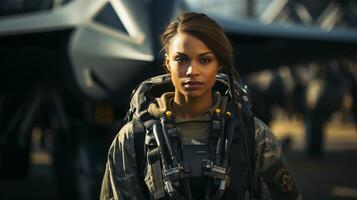 Female African American fighter pilot soldier stands outside her fighter jet - generative AI. photo