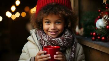 Portrait of a Cute Young African American Girl Warmly Dressed for a Cool Winter Christmas Holding a Cup of Hot Cocoa. Generative AI. photo