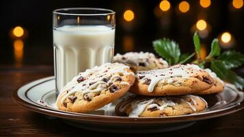 chocolate chip galletas y Leche en un pequeño plato esperando para Papa Noel cláusula Una niebla el decoraciones en Navidad víspera. generativo ai foto