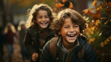 Happy laughing children running in the country fields on a fall day - Generative AI. photo