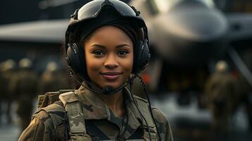 Female African American fighter pilot soldier stands outside her fighter jet - generative AI. photo