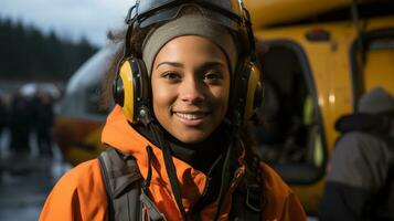 Female African American search and rescue helicopter pilot standing near her aircraft - generative AI. photo