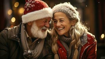 Affectionate Senior Couple Outdoor Portrait Wearing Warm Christmas Holiday Attire. Generative AI. photo