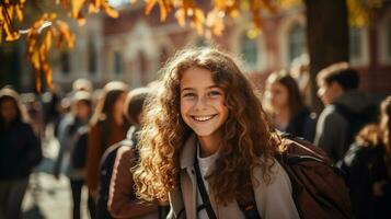 Smiling young girl walking to school with other students on a fall day - Generative AI. photo