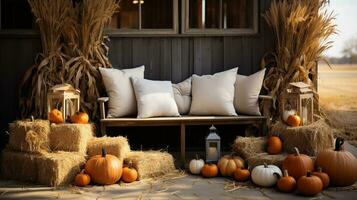 Fall and autumn beautifully decorated barn sitting area with pumpkins, gourds and seating - generative AI. photo