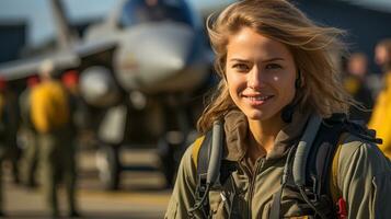 Female fighter pilot soldier standing outside her fighter jet - generative AI. photo