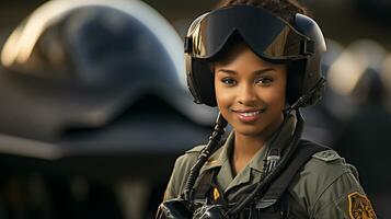 Female African American fighter pilot soldier stands outside her fighter jet - generative AI. photo