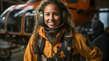 Female African American search and rescue helicopter pilot standing near her aircraft - generative AI. photo