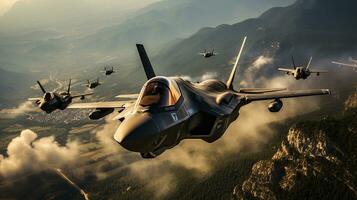 A Lockheed Martin F 35 Fighter Jet Squadron in Formation. Generative AI. photo