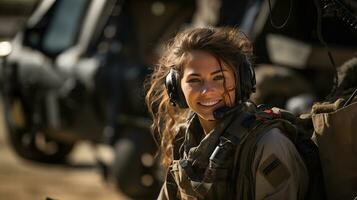 Female military helicopter pilot standing near her aircraft - generative AI. photo