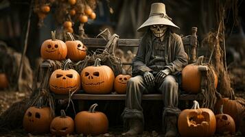 Decorated Halloween porch with pumpkins, hay bails and eerie skeleton - generative AI. photo
