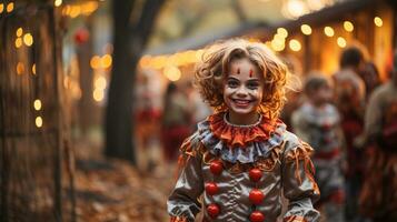 Cute little children dressed up as clowns for Halloween walking down the sidewalk together - generative AI. photo