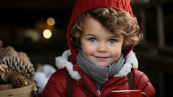 Portrait of a Cute Young Boy Warmly Dressed for a Cool Winter Christmas Holding a Cup of Hot Cocoa. Generative AI. photo