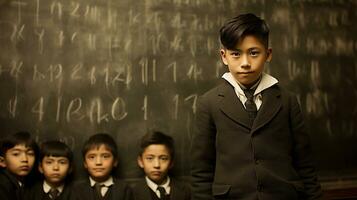 asiático chico en pie a pizarra en salón de clases entre su sentado compañeros de clase - generativo ai. foto