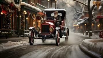 blanco barbado más viejo hombre conducción clásico Clásico coche abajo el festivamente Navidad decorado calle. generativo ai. foto