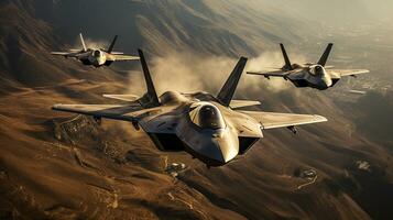 A Lockheed Martin F 35 Fighter Jet Squadron in Formation. Generative AI. photo