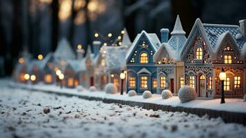 Miniature Holiday Christmas Decorated Town and Snowy Village Scene. Generative AI. photo