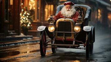 blanco barbado más viejo hombre conducción clásico Clásico coche abajo el festivamente Navidad decorado calle. generativo ai. foto