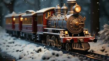 miniatura locomotora tren conjunto en un Nevado Navidad fiesta ajuste. generativo ai. foto