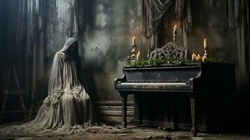 Mysterious and spooky female figure covered in sheer garment standing next to an old dusty piano in an abandoned house - generative AI. photo