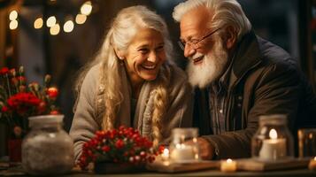 Happy Senior Adult Couple Enjoying The Holiday Decorated Christmas Shops in the Village One Evening. Generative AI. photo