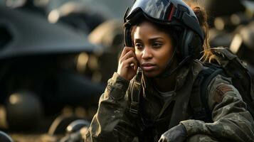 Exhausted female African American fighter pilot soldier sitting near her fighter jet to rest - generative AI. photo