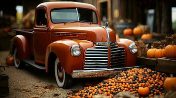 Pumpkins surround a vintage truck in a fall barn country setting - generative AI. photo