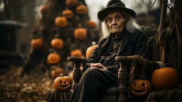 Ghostly scary old witch sitting amongst pumpkins and other Halloween decorations - generative AI. photo