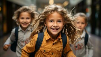 Excited young children laughing and running down the hallway of thier school - Generative AI. photo