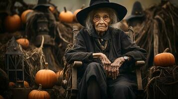 Ghostly scary old witch sitting amongst pumpkins and other Halloween decorations - generative AI. photo