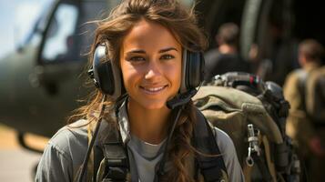 Female military helicopter pilot standing near her aircraft - generative AI. photo