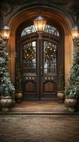 Beautiful Christmas decorated front door and porch of a house on a winter evening. Generative AI. photo