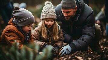 joven padre y niños plantando Navidad arboles a el árbol granja. generativo ai. foto