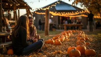 Happy young friends enjoying the fall pumpkin harvest festivities outside - generative AI. photo