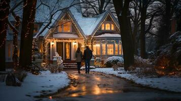 Pareja caminando hacia el frente puerta de un hermosamente decorado Navidad temática casa en un invierno noche. generativo ai. foto