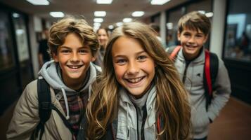 Happy and excited teenaged students walking down the hallway of their school - Generative AI. photo