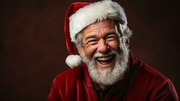 Jovial Laughing Santa Clause Dressed Man Wearing a Santa Hat and Red Jackete. Generative AI. photo