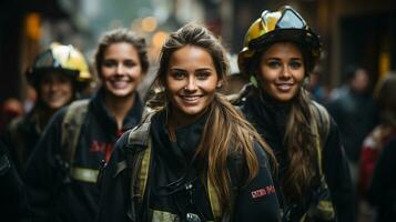Female Multiethnic firefighters working in the field - generative AI. photo