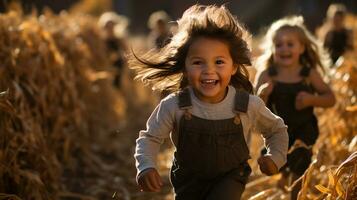 Happy laughing children running amist the corn fields on a fall day - Generative AI. photo