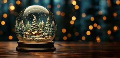 Christmas Snow Globe with Pine Trees and Cabin on a Wood Surface Banner. Generative AI. photo