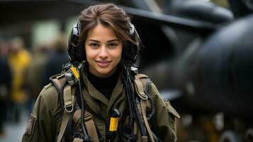 Mixed Race female fighter pilot soldier standing outside her military fighter jet - generative AI. photo
