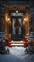 Beautiful Christmas decorated front door and porch of a house on a winter evening. Generative AI. photo