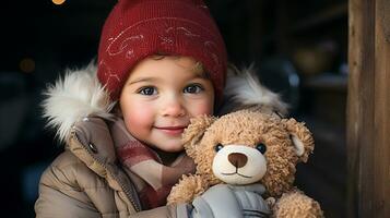 linda joven niñito niña vestido para un Nevado Navidad participación su osito de peluche oso. generativo ai. foto