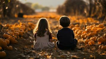 Two young children sitting amidst the pumpkins at the pumpkin patch farm on a fall day - Generative AI. photo