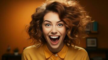 Deliriously happy and excited young adult girl smiling in her office or room - generative AI. photo