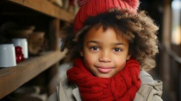 Portrait of a Cute Young African American Girl Dressed Warm for the Christmas Holiday. Generative AI. photo