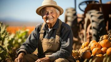 Pumpkin farmer amidst his pumpkin harvest on a fall day - Generative AI. photo