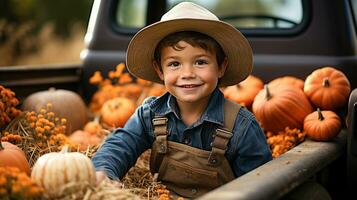 Delighted smiling young boy wearing overalls and a cowboy hat sitting in the back of a truck filled with hay and pumpkins - generative AI. photo