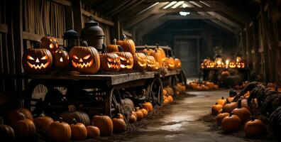 Spooky and fun collection of dozens of Halloween carved pumpkins inside a barn on Hallows Eve - generative AI. photo